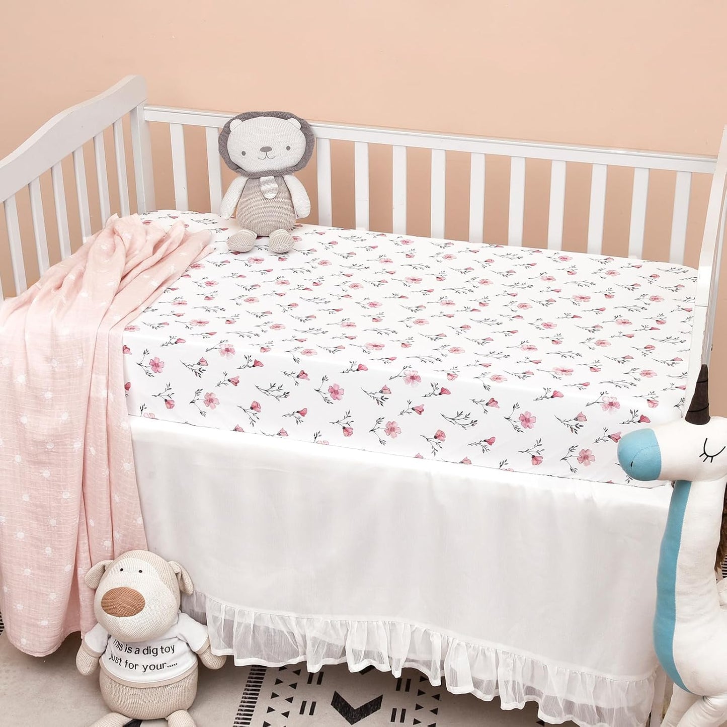 PHF 3 Pack Soft Mini Crib Sheets, Floral & Animal Pack N Play Sheets for Baby Boys Girls, No Slip Universal Fit for Pack N Play, Playard, Portable and Mini Crib Mattresses,Floral & Animal