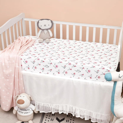 PHF 3 Pack Soft Mini Crib Sheets, Floral & Animal Pack N Play Sheets for Baby Boys Girls, No Slip Universal Fit for Pack N Play, Playard, Portable and Mini Crib Mattresses,Floral & Animal