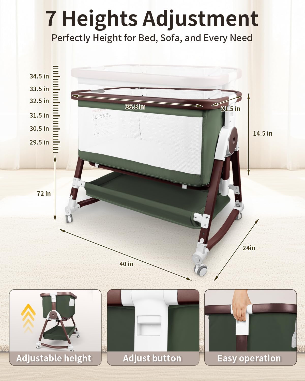 suihuooo 4 in 1 Baby Bassinet, Bassinets Bedside Sleeper with Wheels and Storage Basket, Adjustable 7 Heights Bedside Sleeper with Mosquito Net, Breathable Mesh Rocking Bassinet for Baby
