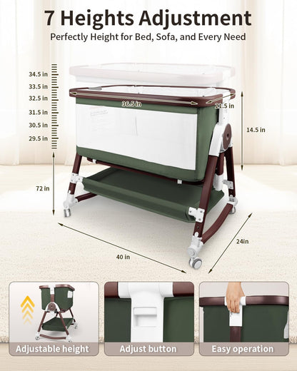 suihuooo 4 in 1 Baby Bassinet, Bassinets Bedside Sleeper with Wheels and Storage Basket, Adjustable 7 Heights Bedside Sleeper with Mosquito Net, Breathable Mesh Rocking Bassinet for Baby