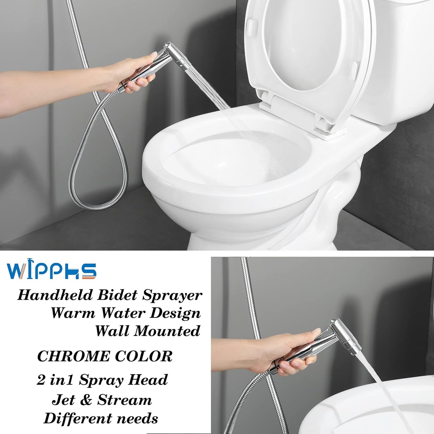 Chrome Handheld Bidet Sprayer for Toilet Warm Water, WiPPhs Stainless Steel Polished Silver Bidet Hand Held Sprayer with Brass Hot and Cold Mixing Valve, WI9138CP
