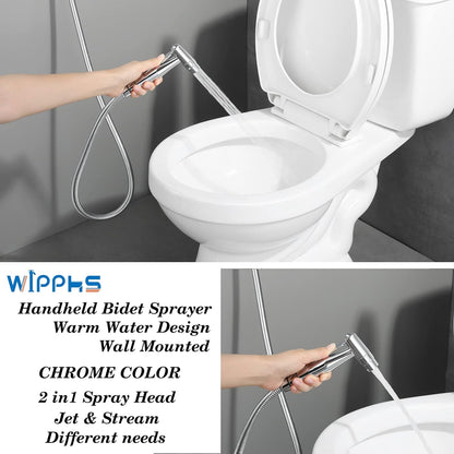 Chrome Handheld Bidet Sprayer for Toilet Warm Water, WiPPhs Stainless Steel Polished Silver Bidet Hand Held Sprayer with Brass Hot and Cold Mixing Valve, WI9138CP