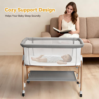 Bassinet Bedside Sleeper, Bedside Bassinet for Newborn, Baby Bassinet with 5 Adjustable Height, Rocking Bassinet with Wheels, Breathable Mesh & Mattress, Easy Folding Portable Bedside Crib（Dark Gray)