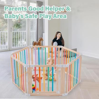 Foldable Wooden Playpen-51x51x25in-Large Baby Gate Playpen with Child-Proof Lock-Easy Assembly, Portable Design for Babies & Toddlers- Shape& Size Adjustable Baby Fence Play Area (Wood, 6 Panel)