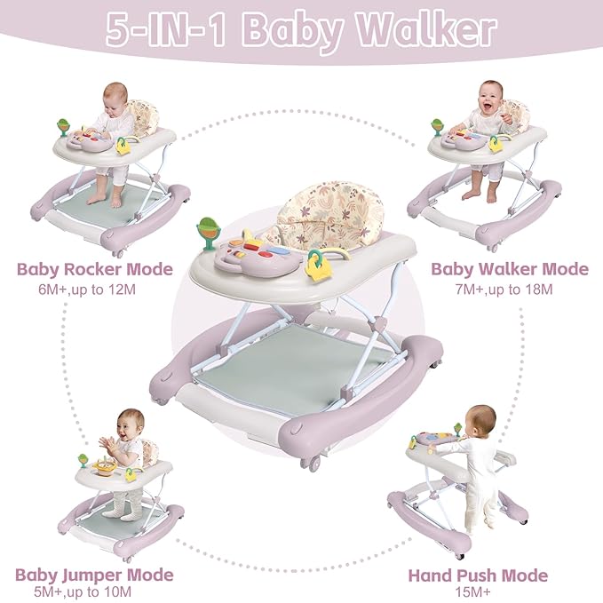 5 in 1 Foldable Baby Walker,Activity Baby Walker-Baby Bouncer,Rocker,Activity Center,Seat and Push Walker,Detachable Footrest Mat,Adjustable Speed Rear Wheels and Height,Ages 6-18 Months (Purple)