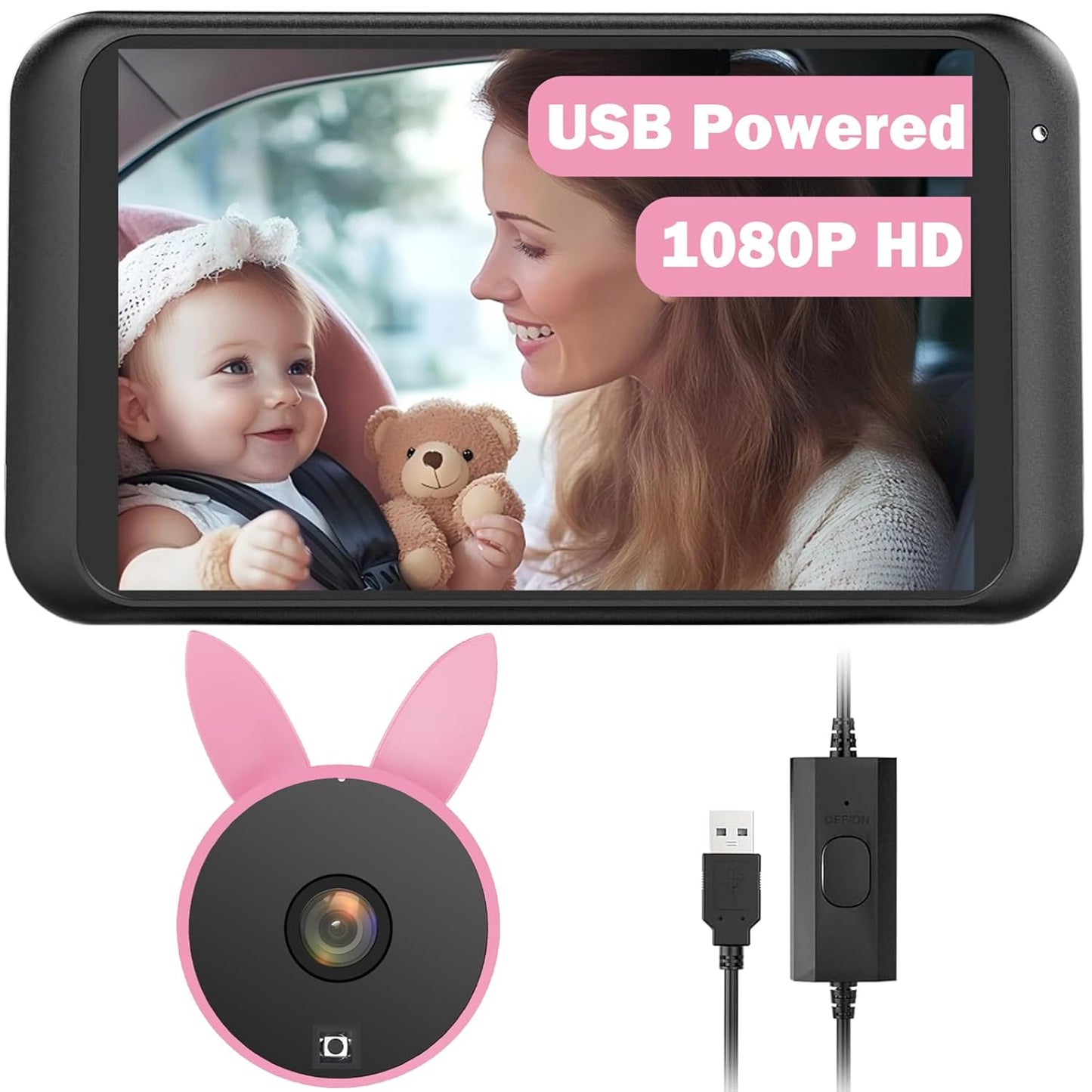 Babyvue USB Car Camera for Baby : 4.5" Baby Car Camera with 1080P Crystal Clear Mirror View, Easy Installation Carseat Rear Facing Moitor for Kids, HD IR Night Vision Backseat Monitor