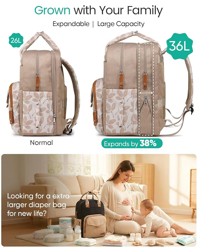 Qualyphant Extra Large Diaper Bag Backpack for Two Kids Twins - Expandable Baby Bag (26-36L), Dual Big Compartments - Includes Changing Pad & Stroller Straps, Unisex Leaf