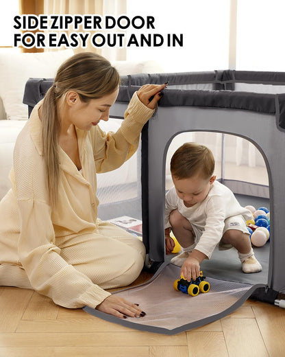 Baby Playpen with Mat, 71" x 59" Extra Large Play Yard for Babies and Toddlers, Baby Fence with Soft Thick Play Mat, Indoor Safety Activity Center for Infants, Easy to Assemble and Clean（Gray）