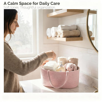 luxury little Diaper Caddy Organizer, Large Cotton Rope Nursery Baby Basket, Changing Table Organizer for Baby Diaper Storage, Portable Car Organizer Removable Divider (Off White, Large)