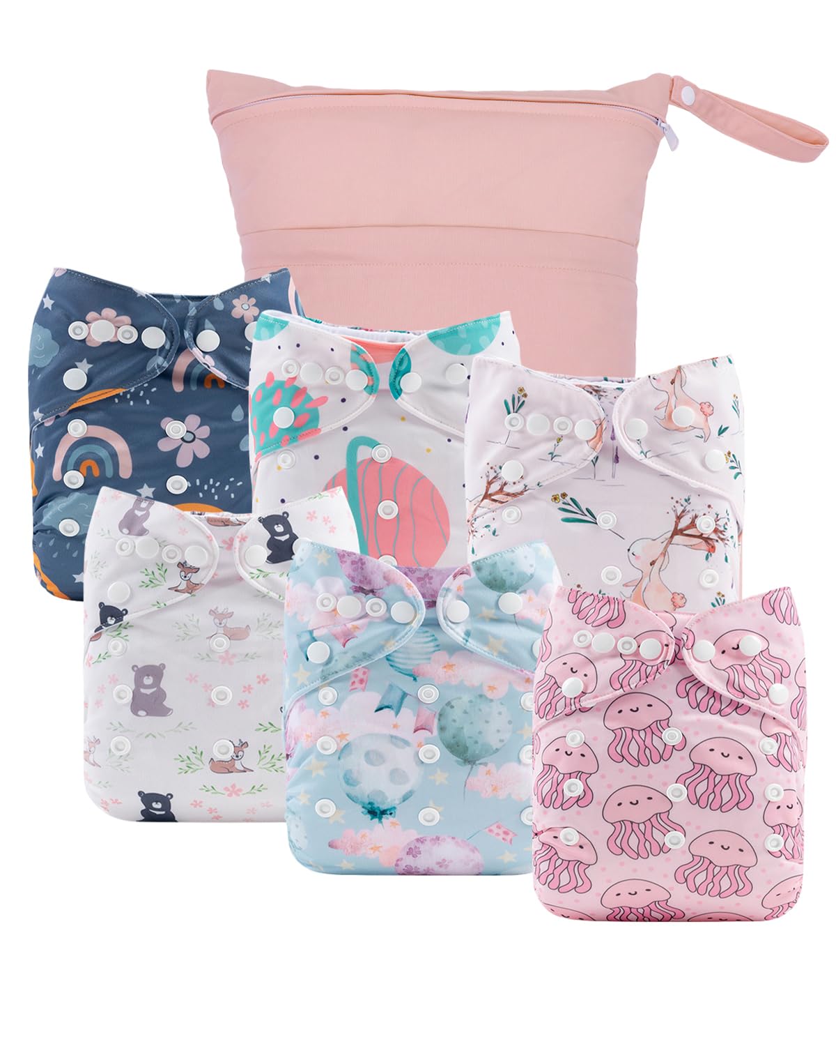 babygoal Cloth Diaper Covers 6 Pack with Wet Bag for Fitted Diapers and Prefolds with Double Gussets, Adjustable and Reusable for Baby Boys and Girls