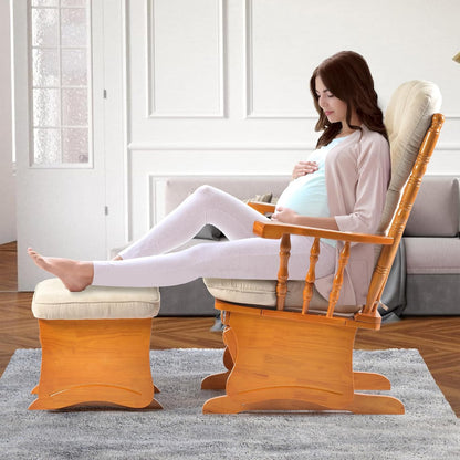 Glider Rocking Chair with Ottoman Set, Solid Wood Nursery Glider Rocker with Padded Cushion, High Back Upholstered Swivel Glider for Living Room, Nursing, Reading, 280LBS Weight Capacity,Oak+Khaki