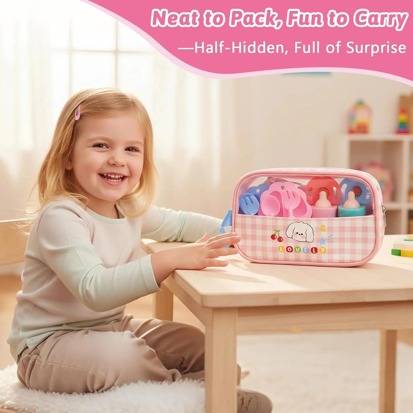 CARANOVO Baby Doll Accessories Set – 7 Pcs Feeding and Caring Set with Magic Disappearing Bottles, Pacifier, Diapers and Bibs Doll Pretend Play Gift for Kids