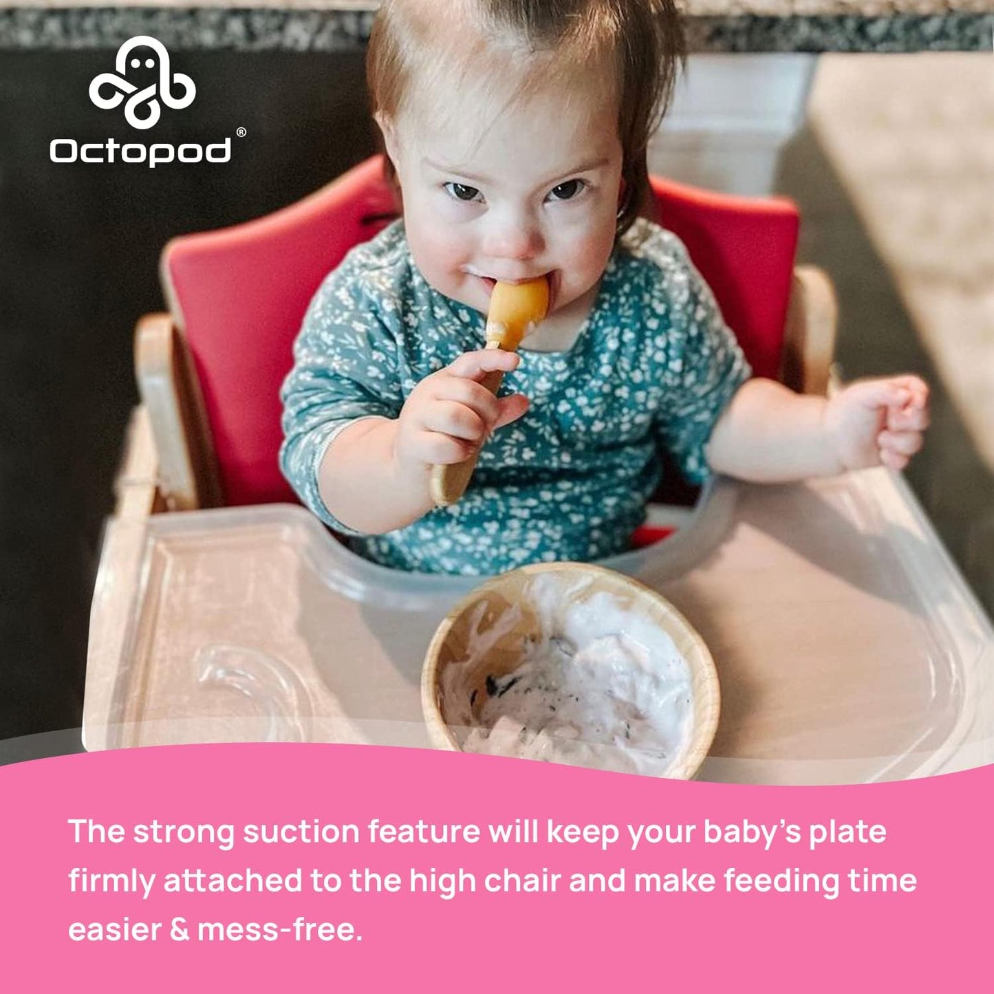 Abiie Octopod Bamboo Baby Bowl Set for 4 Months and Up – Mess-Free High Chair Suction Bowl with Spoon for Toddlers and Kids - Ergonomic Baby Feeding Essentials - 5.7" x 3" x 5.7" - Pink