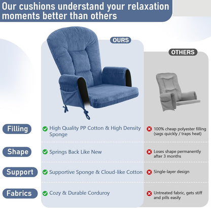 5PCS Glider Rocker Replacement Cushions with Storage Side Pockets, Thickened 3.5IN Seat & Supportive Striped Plush Rocking Chair Cushion Set with Ottoman Cover for Indoor Nursery, Beige