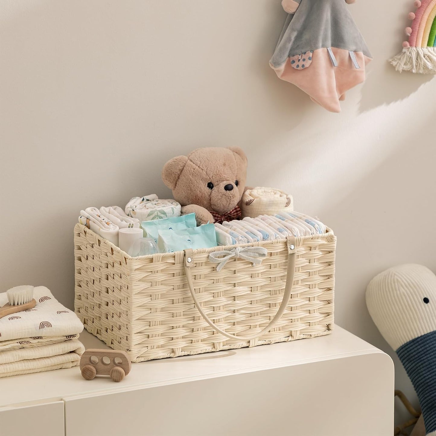 HBlife Large Diaper Caddy Organizer, Washable Waterproof, Portable Plastic Wicker Woven Basket with Divider, Nursery Diaper Station, Baby Shower Gifts Basket & Car Organizer