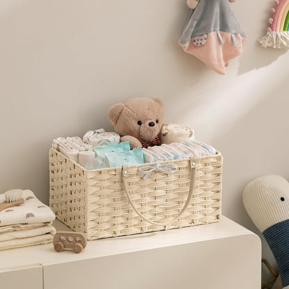 HBlife Large Diaper Caddy Organizer, Washable Waterproof, Portable Plastic Wicker Woven Basket with Divider, Nursery Diaper Station, Baby Shower Gifts Basket & Car Organizer
