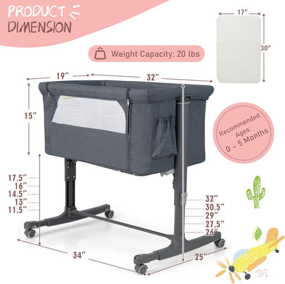 HONEY JOY Baby Bassinet Bedside Sleeper, 3-in-1 Easy Folding Portable Crib for Baby with Wheels, 5 Adjustable Heights, Easy to Assemble Bed to Bed, Mattress & Carry Bag for Infant Newborn (Pink)