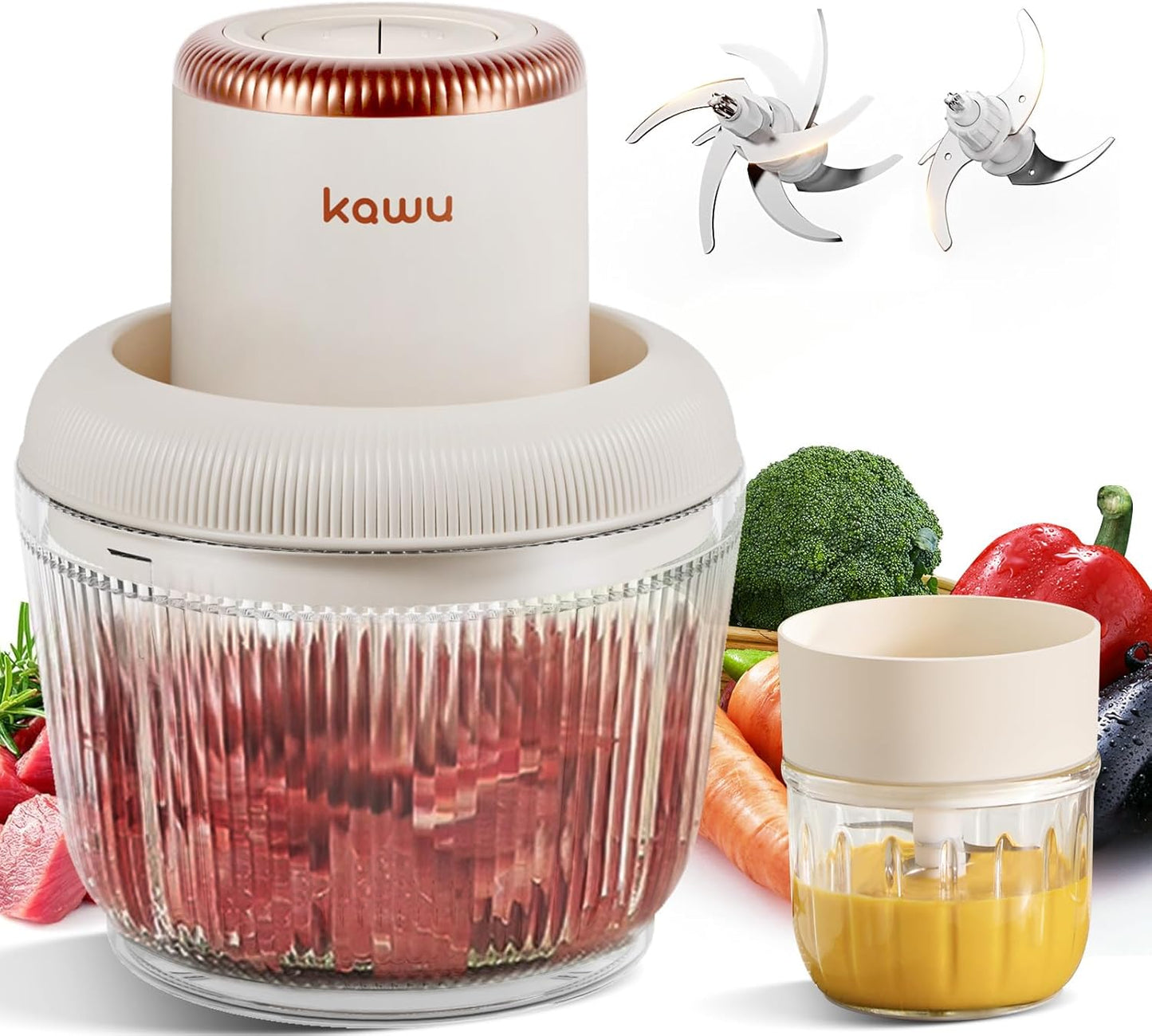 Kawu Electric Food Processor, Cordless Small Meat Grinder for Kitchen, Portable Vegetable Chopper with Glass Bowl, USB Rechargeable Meat Shredder, Mini Onion Chopper & Food Chopper Vegetable Cutter
