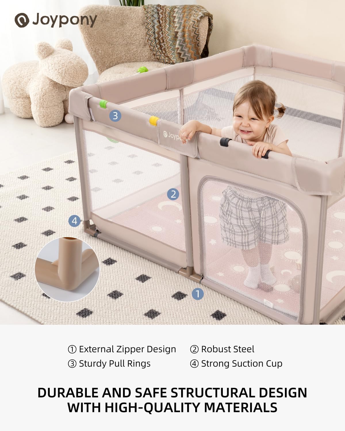 Joypony Baby Playpen with Mat, 50x50 in Small Play Pen for Babies, Toddler Playpen for Apartment, Indoors Play Yard with Soft Breathable Mesh (Beige with Mat)