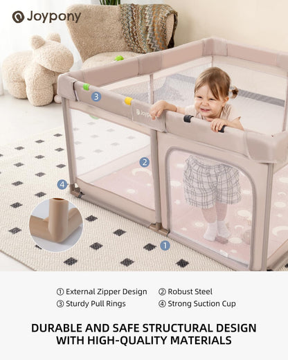 Joypony Baby Playpen with Mat, 50x50 in Small Play Pen for Babies, Toddler Playpen for Apartment, Indoors Play Yard with Soft Breathable Mesh (Beige with Mat)