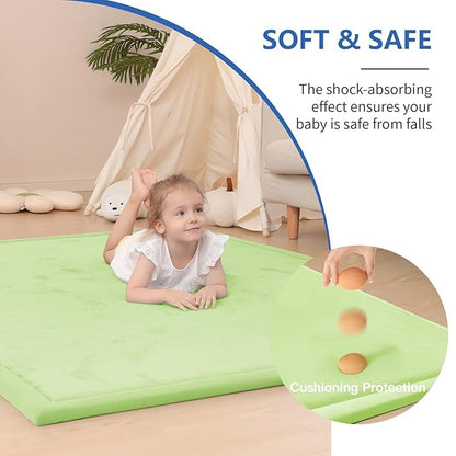 Huloo Sleep Baby Play Mat for Floor,1.3"Thick Elasti-Foam 50x50 Playpen Mat for Toddlers Infant kids,Water-Repellent Soft Velvet for Tummy Time,Non-Slip Backing for Crawling,Tatami Style(Light Green)