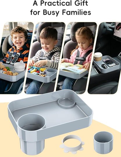 Car Seat Cup Holder Snack Tray for Kids, Reduces Mess, Detachable Large Base & Adjustable Ring, Carseat Tray for Toddler, Car Seat Food Tray Table for Kid Travel Road Trip Essentials -Light Gray