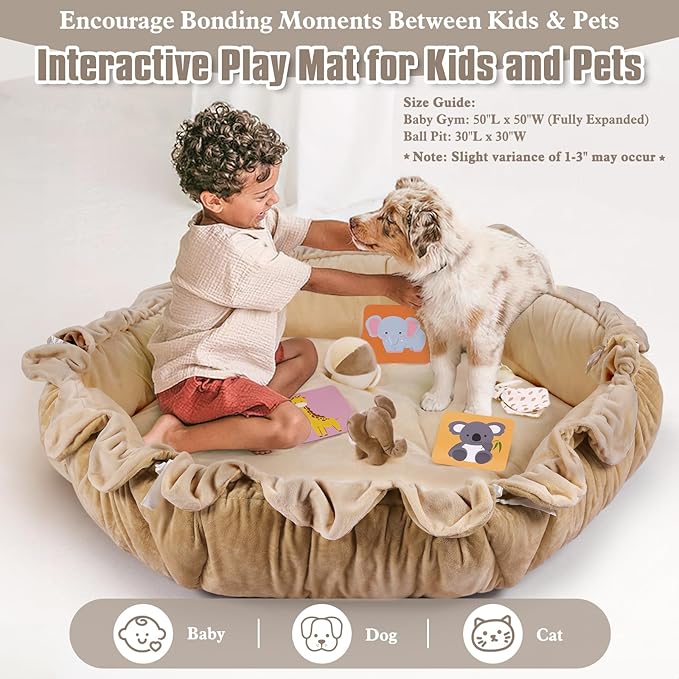 5-in-1 Plush Baby Play Gym, Activity Mat with Convertible Gym, Baby Gym 6 Sensory Toys, Play Center for Newborn to Toddler, Brown