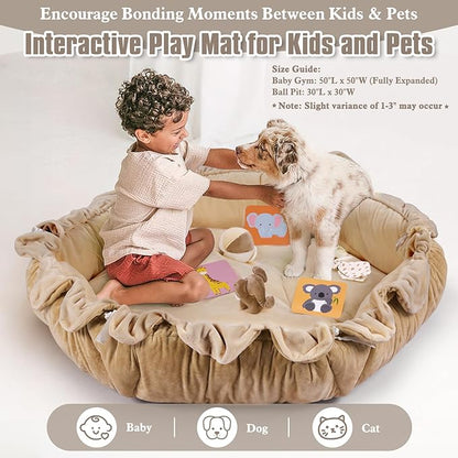 5-in-1 Plush Baby Play Gym, Activity Mat with Convertible Gym, Baby Gym 6 Sensory Toys, Play Center for Newborn to Toddler, Brown