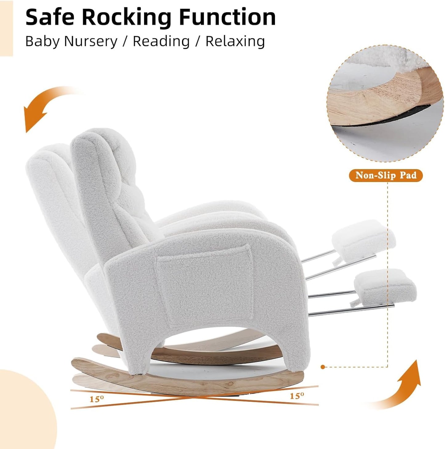 Rocking Chair Nursery with Foot Rest,Upholstered Teddy Glider Rocker with Wood Legs, Nursing Rocking Chair for Living Room/Nursery,Pink