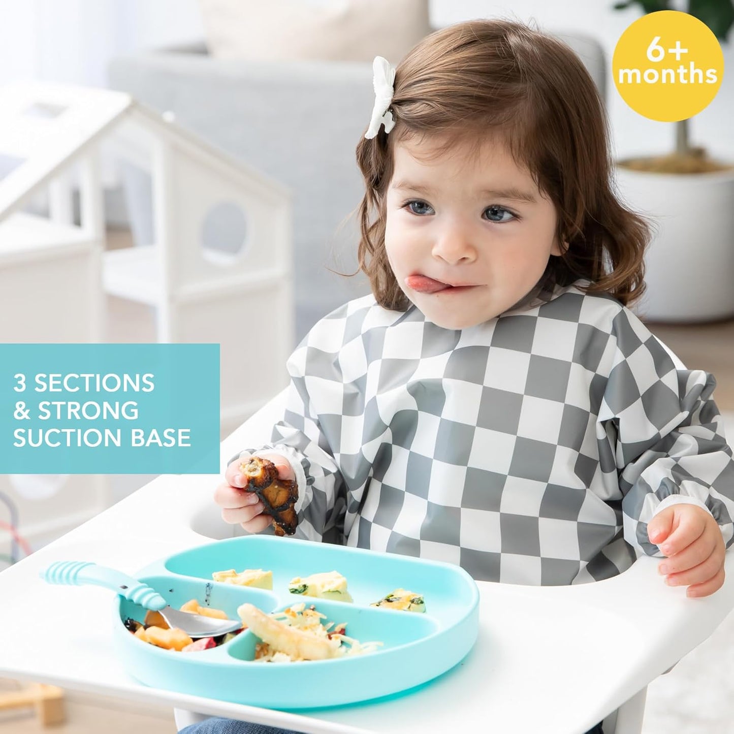Bumkins Toddler and Baby Suction Plate, Divided Grip Dish for Babies and Kids, Baby Led Weaning, Feeding Supplies, Sticks to Tables and Highchairs, Platinum Silicone, for Chidren 6 Months, Gray