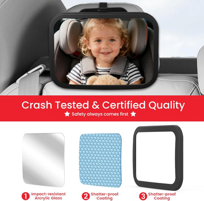 Baby Car Mirror, Shatterproof & Easy Assembled Crash Tested, 360° Rotation, Safety Car Seat Mirror for Rear Facing Infant with Wide Crystal Clear View