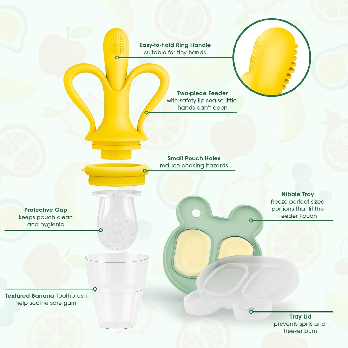 JEXFUN Baby Fruit Feeder & Breastmilk Popsicle Mold Set, Silicone Food Feeder Pacifier for Cooling Relief with 3 Replaceable Pouches, BPA-Free Teething Toy for Safe Infant Self Feeding (Pea Green)