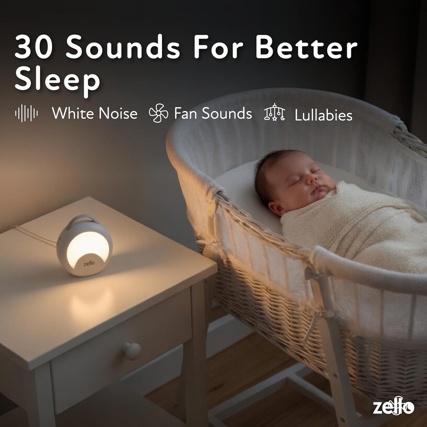 Zello | Portable White Noise Machine | 30 Soothing Sounds | 7 Colour Moon Nightlight | Sleep Timer | 20+ Hours Battery USB Recharge | Clips to Prams, Cots, Cribs | Baby Sleep Aid | Sleep Sound Machine