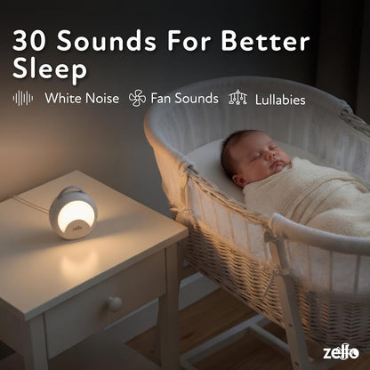 Zello | Portable White Noise Machine | 30 Soothing Sounds | 7 Colour Moon Nightlight | Sleep Timer | 20+ Hours Battery USB Recharge | Clips to Prams, Cots, Cribs | Baby Sleep Aid | Sleep Sound Machine