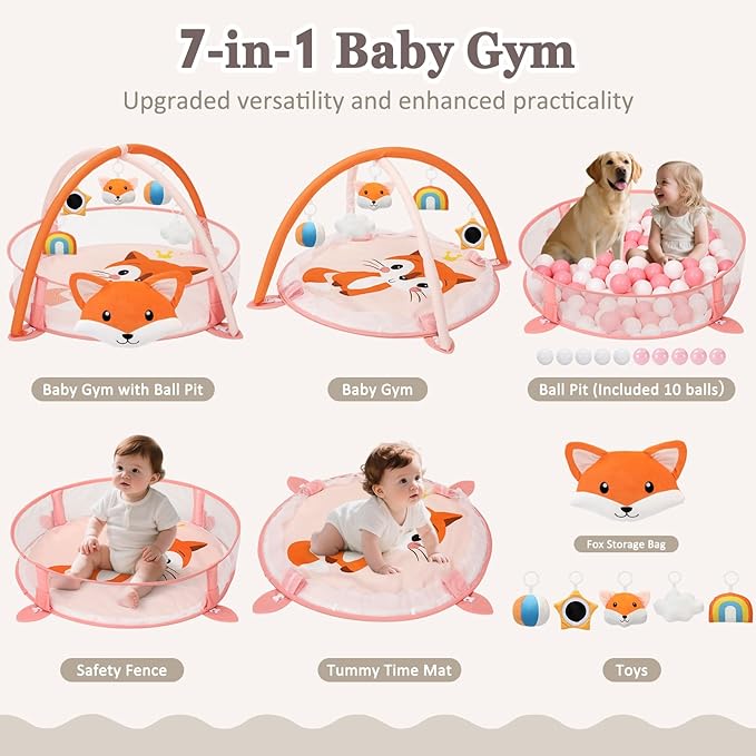 7-in-1 XL Large Baby Play Gym Mat, Tummy Time Mat, Baby Gym & Ball Pit, Baby Activity Mat with Milestone Cards & 6 Detachable Toys for Sensory Motor Skill, Fox