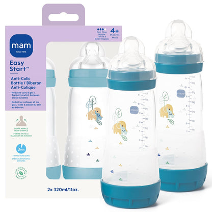 MAM 11oz Easy Start Anti-Colic+ Wide Neck Baby Bottle, Fast Flow Breastfeeding-Like Nipple, Reduces Colic Gas & Reflux, Easy to Clean, BPA Free, 4+ Months, Made in Europe, 2 Pack, Boy