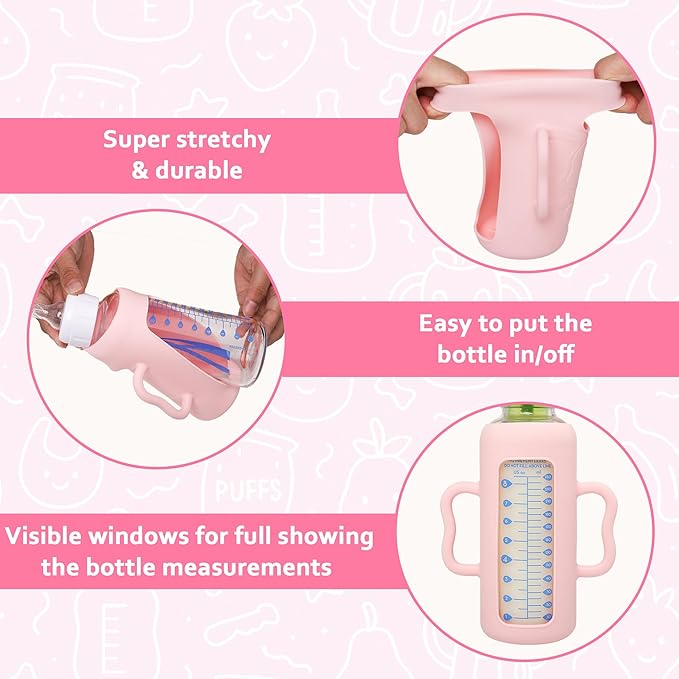 KingKam 4 Pack Silicone Sleeves for Dr. Brown's Glass Baby Bottles, Drop Protection Bottle Sleeves with Handles, Compatible with Dr. Brown's Anti-Colic Options+ Narrow Glass Baby Bottles, 8 oz/250 mL
