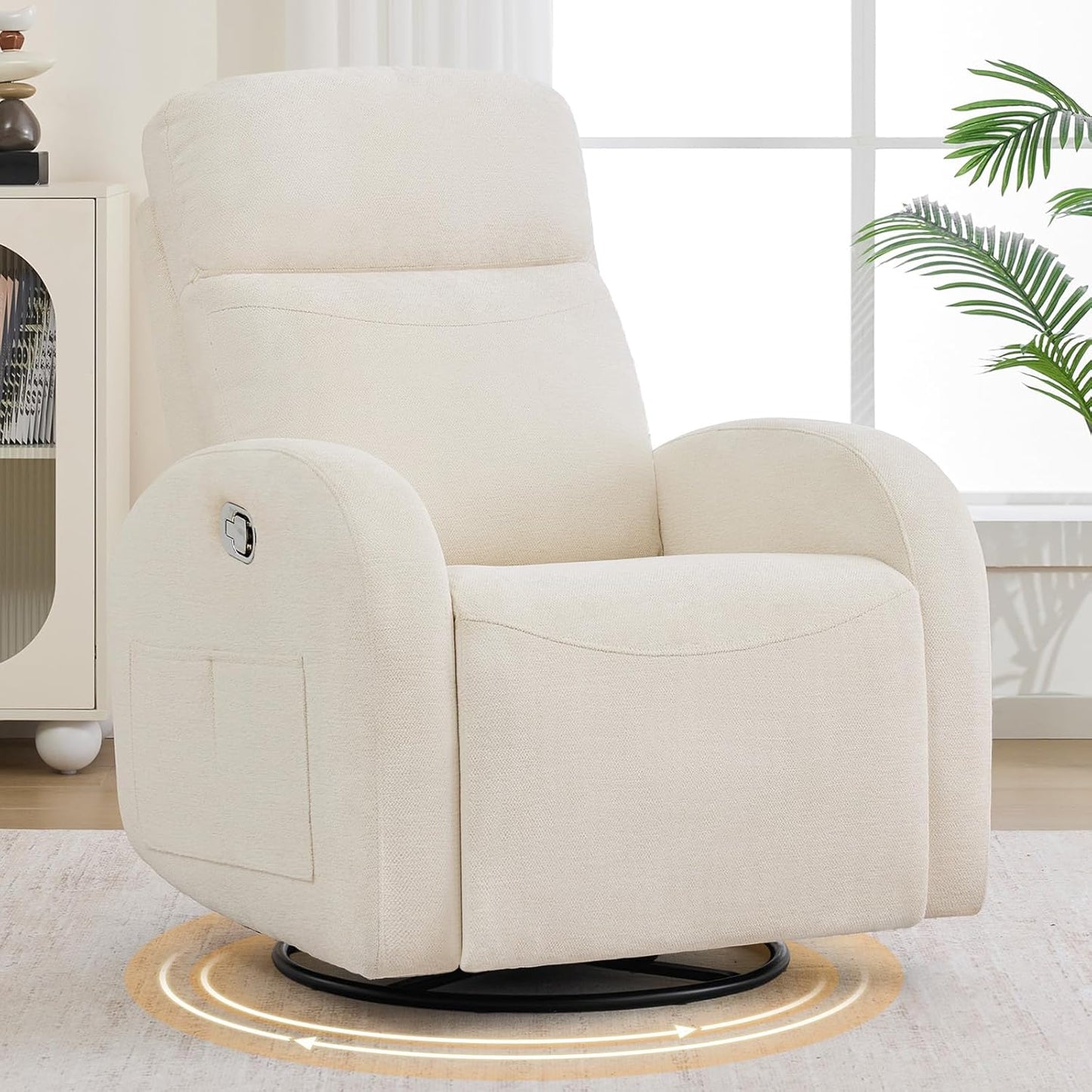 Dual Motors Power Recliner with Adjustable Headrest, Electric Swivel Rocker Recliner for Nursery, Glider Reclining Rocking Nursery Chairs for Small Space, Living Room, Bedroom, Chenille Cream White