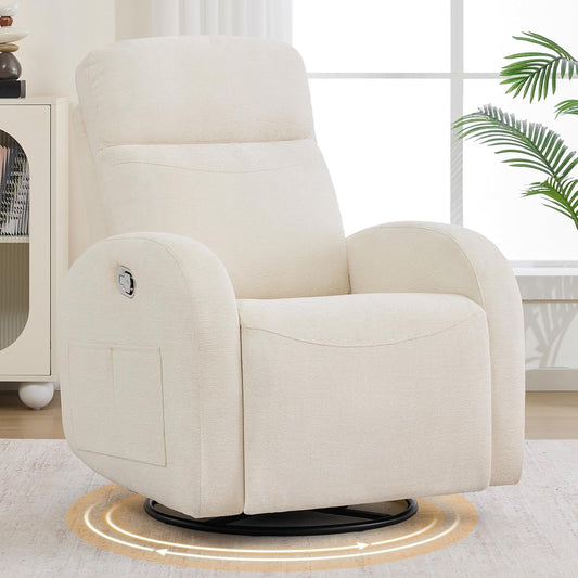 Dual Motors Power Recliner with Adjustable Headrest, Electric Swivel Rocker Recliner for Nursery, Glider Reclining Rocking Nursery Chairs for Small Space, Living Room, Bedroom, Chenille Cream White