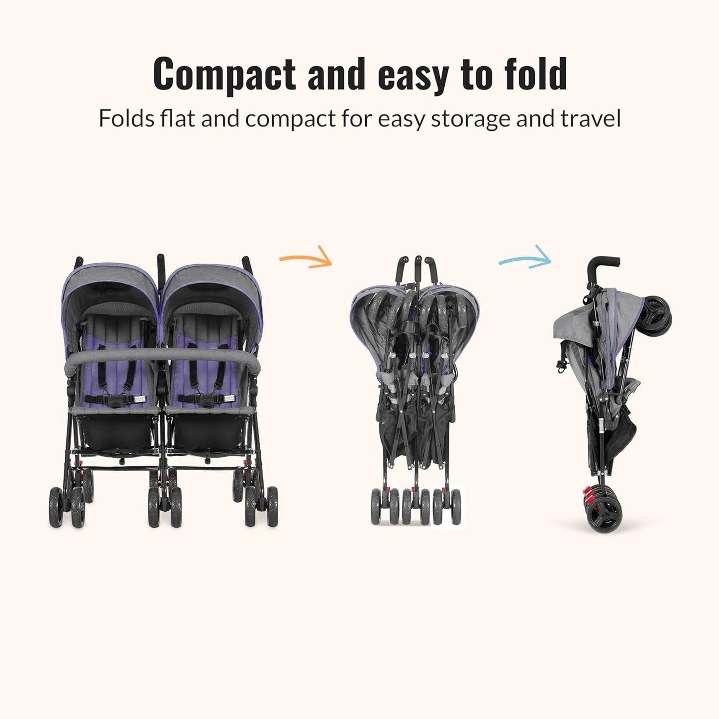Dream On Me Volgo Twin Umbrella Stroller in Black, Lightweight Double Stroller for Infant & Toddler, Compact Easy Fold, Large Storage Basket, Large and Adjustable Canopy