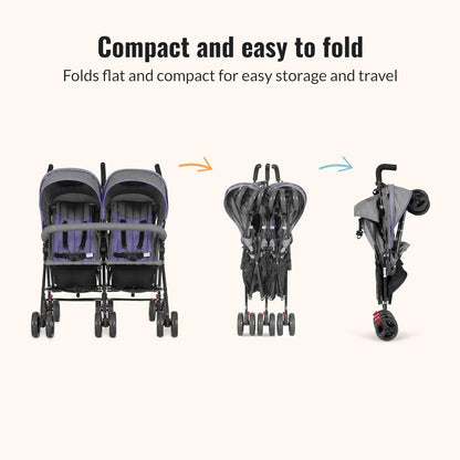 Dream On Me Volgo Twin Umbrella Stroller in Black, Lightweight Double Stroller for Infant & Toddler, Compact Easy Fold, Large Storage Basket, Large and Adjustable Canopy