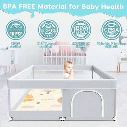 Fshibila Baby Playpen, 50x50 Inch Baby Playard for Babies and Toddlers, Play Pens for Indoor & Outdoor, Sturdy Safety Play Yard with Soft Breathable Mesh, Anti-Fall, Grey
