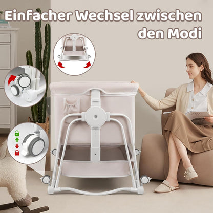 suihuooo 4 in 1 Baby Bassinet Bedside Sleeper, Rocking Baby Crib with Lockable Wheels, Storage, Mosquito Net and Matress Included, 7 Level Adjustable Bedside Bassinet for Baby Newborn (Cream)