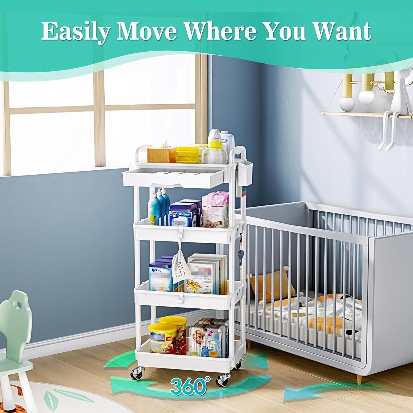 SUNALLY 3 Tier Rolling Cart with Drawer, Bathroom Storage Organizer with 2 Lockable Wheels, Multifunctional Rolling Storage Cart for Bathroom, Kitchen, Office, Craft, Makeup, Baby Essentials, White