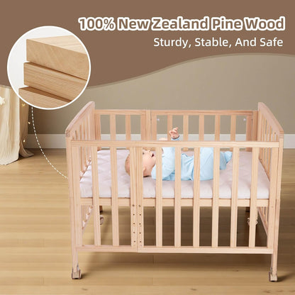 Flwrgirl Baby Bassinets Bedside Sleeper - Portable Pine Wood Bedside Bassinet with Mattress,3 Heights Small Mini Crib,Baby Crib for Newborns,Unpainted | Pine Wood Bassinet, Mattress Included, 3-IN-1 Convertible, Adjustable Height, Locking Wheels, Portalbe