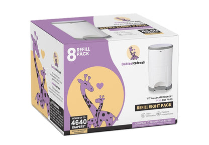 Refills Compatible with DEKOR PLUS Diaper Pail Refills | 8 Pack | Diaper Pail Odor Eliminator| Fresh Powder Scent | Each Diaper Bag Refill Holds up to 4640 Diapers | Diaper bin refill
