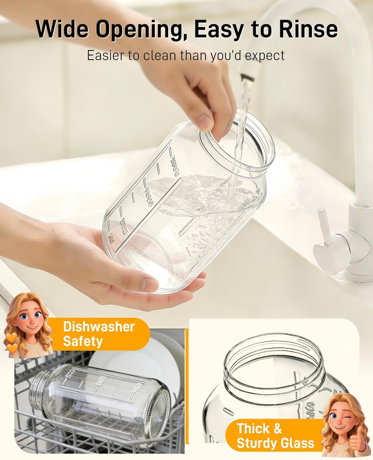 OneDream Breast Milk Pitcher 32oz Glass Pitcher with Lid, Formula Pitcher Leakproof Drip-Free Spout, Wide Mouth Mason Jar Pitcher for Easy Pouring, Dishwasher Safe Breastmilk Storage Pitcher