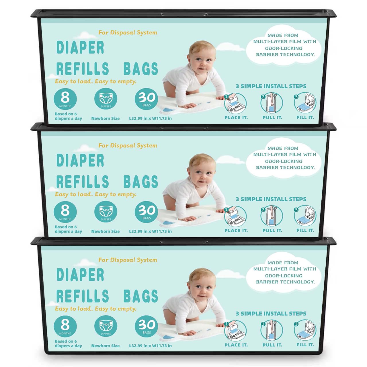 Diaper Pail Refills Bags with 30 Bags Compatible with Genie Easy Roll Signature and Platinum Diaper Pails, 7-Layer Odor-Barrier Technology-6 Packs