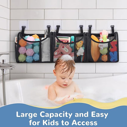 Bathtub Toy Storage, 6 Compartments Detachable Bath Toy Holder for Bathtub, Large Bath Toy Organizer, Quickly Dry Bath Toy Net Basket, Mesh Shower Caddy for Sorting Toys Toiletry - Black