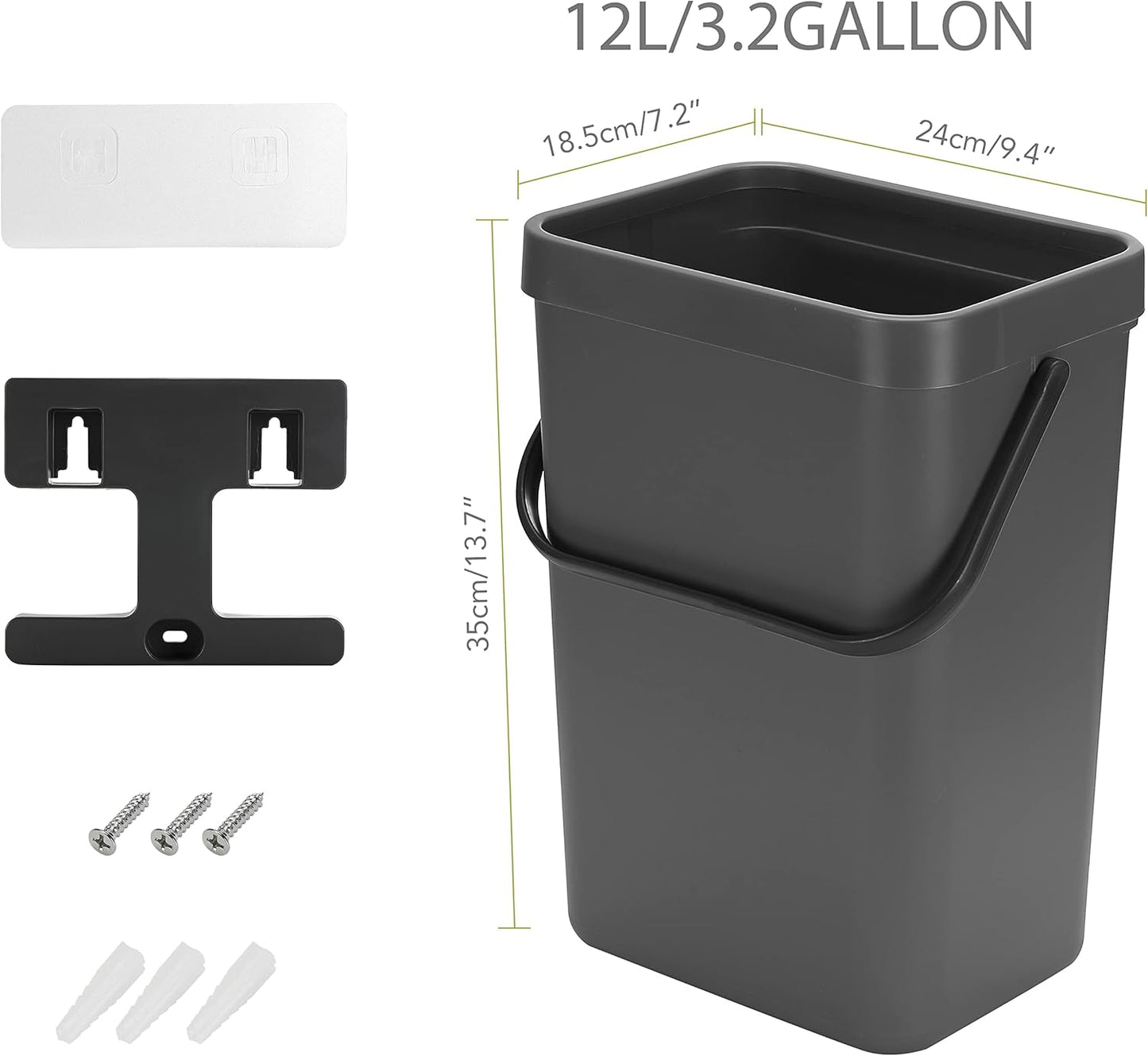 stonespace Under Sink Trash Can，Kitchen Compost Bin, Diaper Pail, 3.2 Gallon/12L Hanging Garbage Can for Baby Crib/Bathroom/Cupboard, Plastic Food Waste Bin,1 Pack Black
